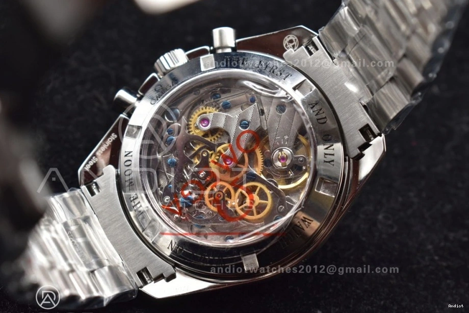 OMF on Manual Sapphire SS Transparent Winding Black with SS MoonWatch Movement Dial Chrono Speedmaster Bracelet Back Crystal 0401